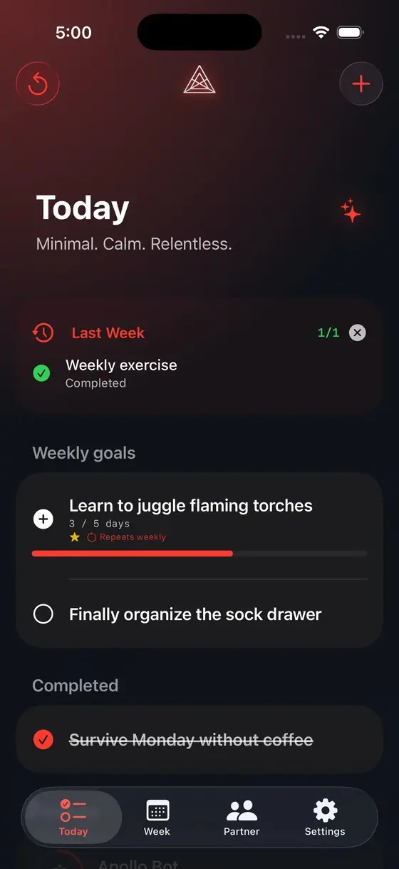 Apollo Today screen showing weekly goals