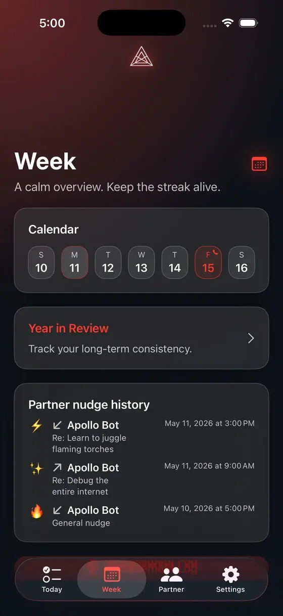 Apollo Week screen showing weekly progress summary